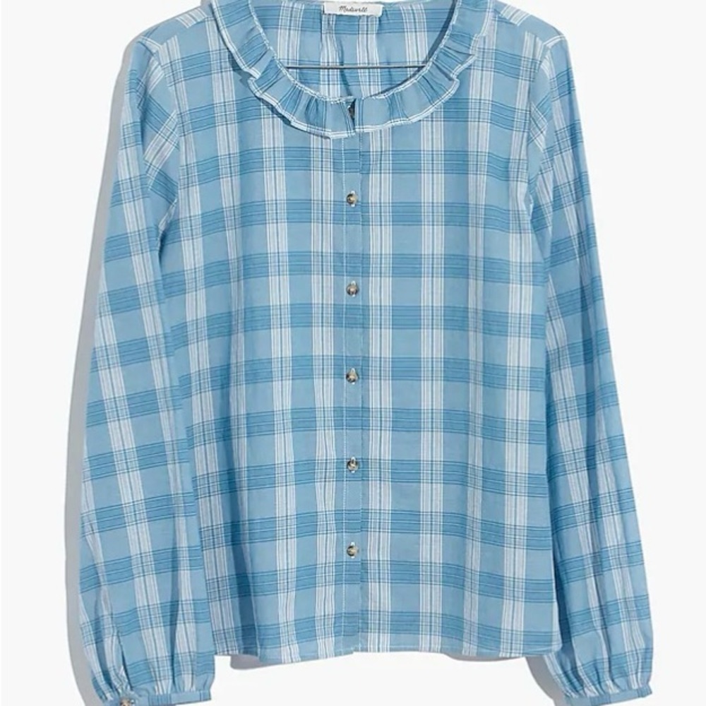 Madewell Women Ruffle-Neck Top in Colwell Plaid long sleeve shirt M - Picture 5 of 7